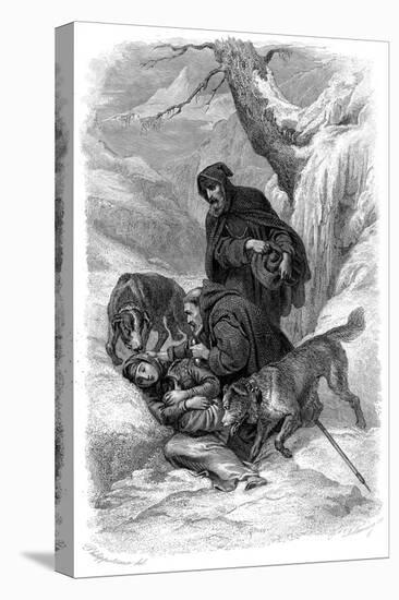 Augustinian Canons and their St Bernard Dogs Rescuing a Traveller, Switzerland-null-Stretched Canvas