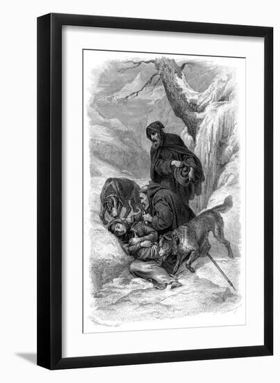 Augustinian Canons and their St Bernard Dogs Rescuing a Traveller, Switzerland-null-Framed Giclee Print