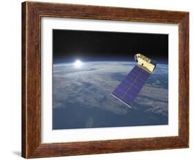 Aura Satellite Orbiting Earth and Rising Sun-null-Framed Art Print