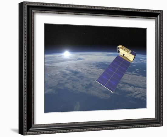 Aura Satellite Orbiting Earth and Rising Sun-null-Framed Art Print