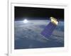 Aura Satellite Orbiting Earth and Rising Sun-null-Framed Art Print