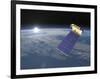 Aura Satellite Orbiting Earth and Rising Sun-null-Framed Art Print