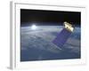 Aura Satellite Orbiting Earth and Rising Sun-null-Framed Art Print