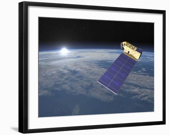 Aura Satellite Orbiting Earth and Rising Sun-null-Framed Art Print