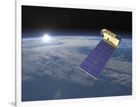 Aura Satellite Orbiting Earth and Rising Sun-null-Framed Art Print