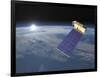 Aura Satellite Orbiting Earth and Rising Sun-null-Framed Art Print