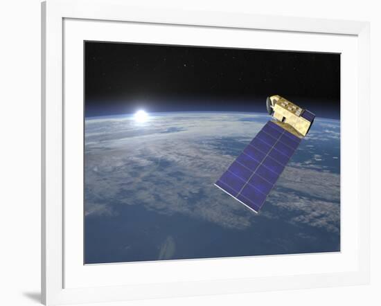 Aura Satellite Orbiting Earth and Rising Sun-null-Framed Art Print