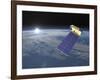 Aura Satellite Orbiting Earth and Rising Sun-null-Framed Art Print