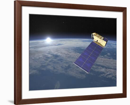 Aura Satellite Orbiting Earth and Rising Sun-null-Framed Art Print