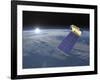 Aura Satellite Orbiting Earth and Rising Sun-null-Framed Art Print