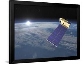 Aura Satellite Orbiting Earth and Rising Sun-null-Framed Art Print