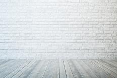 Empty Room with White Brick Wall and Wooden Floor-auris-Art Print
