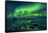 Aurora borealis above Jokulsarlon glacier lagoon, Iceland-Panoramic Images-Framed Stretched Canvas