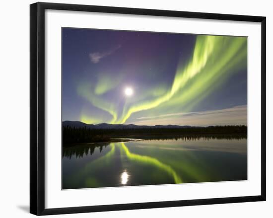 Aurora Borealis And Full Moon Over the Yukon River, Canada-Stocktrek Images-Framed Photographic Print