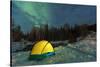 Aurora borealis, Northern Lights, and illuminated tent near Fairbanks, Alaska-Stuart Westmorland-Stretched Canvas