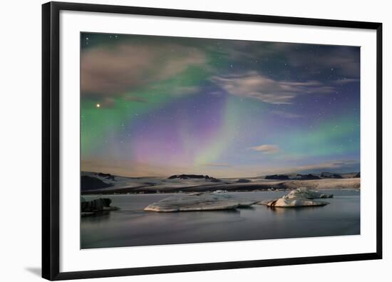 Aurora borealis (Northern Lights) over Jokulsarlon Glacial Lagoon, Iceland, Polar Regions-Miles Ertman-Framed Photographic Print