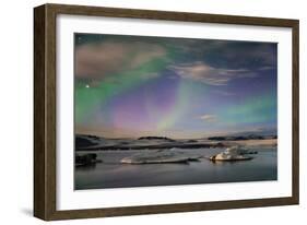 Aurora borealis (Northern Lights) over Jokulsarlon Glacial Lagoon, Iceland, Polar Regions-Miles Ertman-Framed Photographic Print