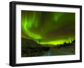 Aurora Borealis (Northern Lights) Seen over a Snow Covered Road, Troms, North Norway, Scandinavia, -Neale Clark-Framed Photographic Print