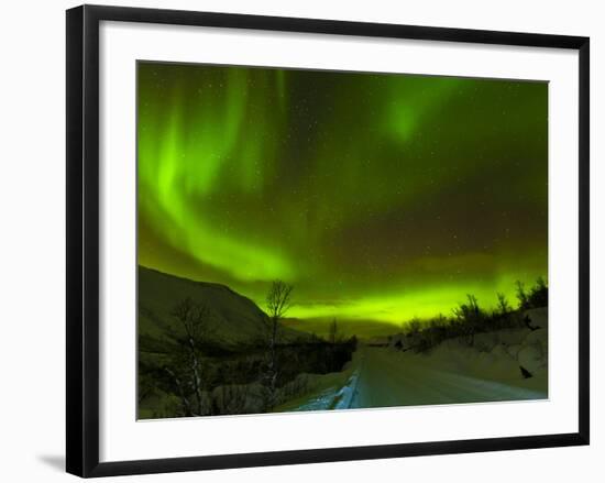 Aurora Borealis (Northern Lights) Seen over a Snow Covered Road, Troms, North Norway, Scandinavia, -Neale Clark-Framed Photographic Print