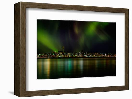 Aurora Borealis or Northern Lights over Reykjavik Skyline, Reykjavik, Iceland-null-Framed Photographic Print
