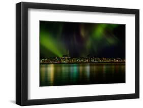 Aurora Borealis or Northern Lights over Reykjavik Skyline, Reykjavik, Iceland-null-Framed Photographic Print