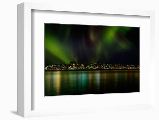 Aurora Borealis or Northern Lights over Reykjavik Skyline, Reykjavik, Iceland-null-Framed Photographic Print
