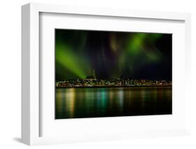 Aurora Borealis or Northern Lights over Reykjavik Skyline, Reykjavik, Iceland-null-Framed Photographic Print