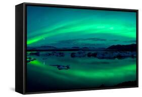 Aurora Borealis or Northern Lights over the Jokulsarlon Lagoon, Iceland-null-Framed Stretched Canvas