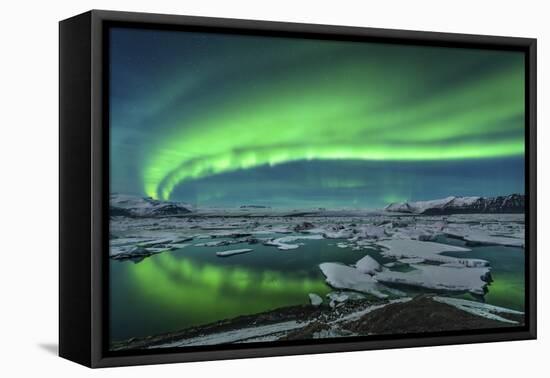 Aurora Borealis over the Glacial Lagoon Jokulsarlon in Iceland-null-Framed Stretched Canvas