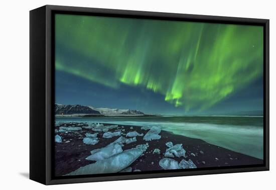 Aurora Borealis over the Ice Beach Near Jokulsarlon, Iceland-null-Framed Stretched Canvas