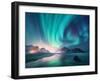 Aurora Borealis over the Sea, Snowy Mountains and City Lights at Night. Northern Lights in Lofoten-Denis Belitsky-Framed Photographic Print