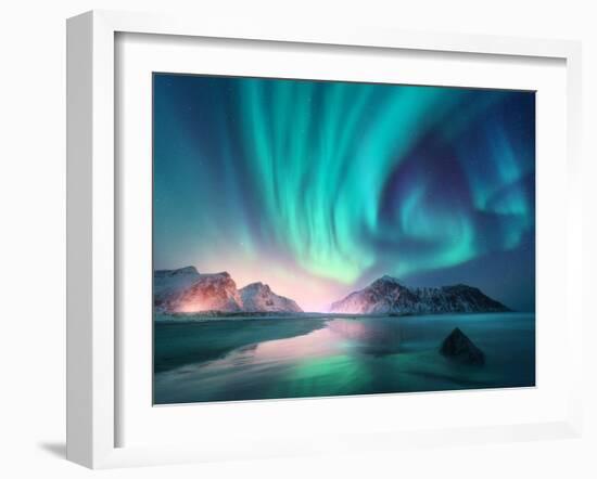 Aurora Borealis over the Sea, Snowy Mountains and City Lights at Night. Northern Lights in Lofoten-Denis Belitsky-Framed Photographic Print