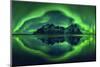 Aurora borealis over Vestrahorn mountains and beach at night, Stokksnes, Iceland-Panoramic Images-Mounted Photographic Print