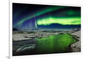 Auroras and Icebergs at the Glacial Lagoon, Jokulsarlon, Breidamerkurjokull, Vatnajokull Ice Cap-null-Framed Photographic Print