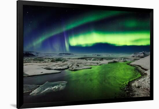 Auroras and Icebergs at the Glacial Lagoon, Jokulsarlon, Breidamerkurjokull, Vatnajokull Ice Cap-null-Framed Photographic Print