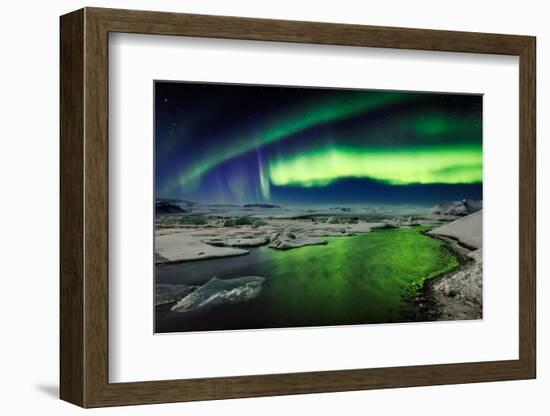 Auroras and Icebergs at the Glacial Lagoon, Jokulsarlon, Breidamerkurjokull, Vatnajokull Ice Cap-null-Framed Photographic Print