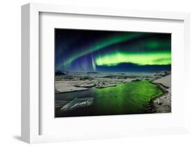 Auroras and Icebergs at the Glacial Lagoon, Jokulsarlon, Breidamerkurjokull, Vatnajokull Ice Cap-null-Framed Photographic Print