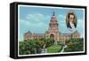 Austin, Texas - Exterior View of the State Capitol Building, Portrait of Stephen F. Austin, c.1942-Lantern Press-Framed Stretched Canvas