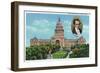 Austin, Texas - Exterior View of the State Capitol Building, Portrait of Stephen F. Austin, c.1942-Lantern Press-Framed Art Print