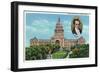 Austin, Texas - Exterior View of the State Capitol Building, Portrait of Stephen F. Austin, c.1942-Lantern Press-Framed Art Print