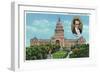 Austin, Texas - Exterior View of the State Capitol Building, Portrait of Stephen F. Austin, c.1942-Lantern Press-Framed Art Print