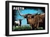 Austin, Texas - Longhorn - Scratchboard-Lantern Press-Framed Art Print