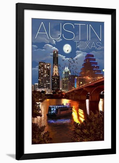 Austin, Texas - Skyline at Night-Lantern Press-Framed Art Print