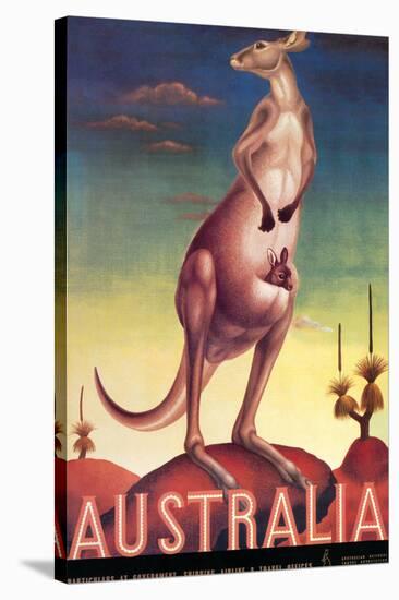 Australia - Kangaroo with Baby Joey - Vintage Australian Travel Poster, 1957-Eileen Mayo-Stretched Canvas