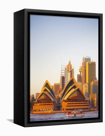 Australia, New South Wales, Sydney, Sydney Opera House, Passenger Ferry Passing Opera House-Shaun Egan-Framed Stretched Canvas