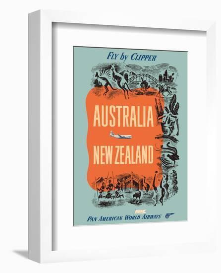 Australia - New Zealand - Fly by Clipper - Pan American World Airways-Pacifica Island Art-Framed Art Print