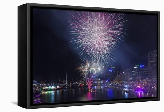 Australia, Sydney, Darling Harbor, Fireworks-Walter Bibikow-Framed Stretched Canvas