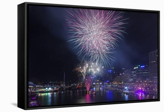 Australia, Sydney, Darling Harbor, Fireworks-Walter Bibikow-Framed Stretched Canvas