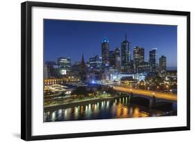 Australia, Victoria, Melbourne, Skyline with River and Bridge at Dusk-Walter Bibikow-Framed Photographic Print