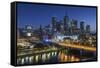 Australia, Victoria, Melbourne, Skyline with River and Bridge at Dusk-Walter Bibikow-Framed Stretched Canvas